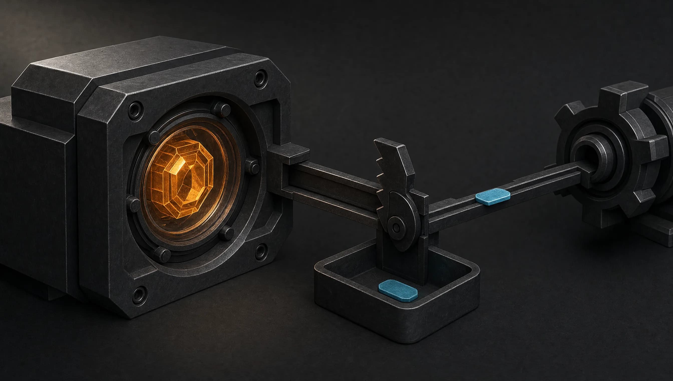 An amber core sealed behind a bolted collar, a single rail leaving it through a ratchet gate and carrying a small flat cyan token toward a separate mechanism, with one earlier token lying in a tray beneath the gate