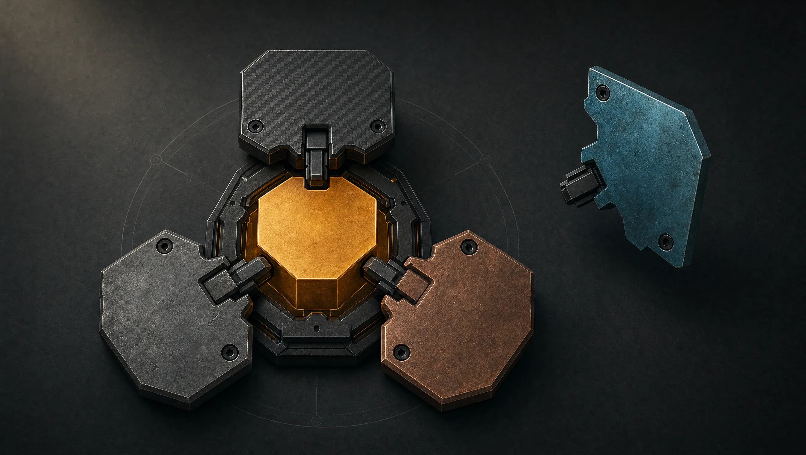 An amber hexagonal core with three interchangeable outer plates clipping onto it from outside, one plate detached