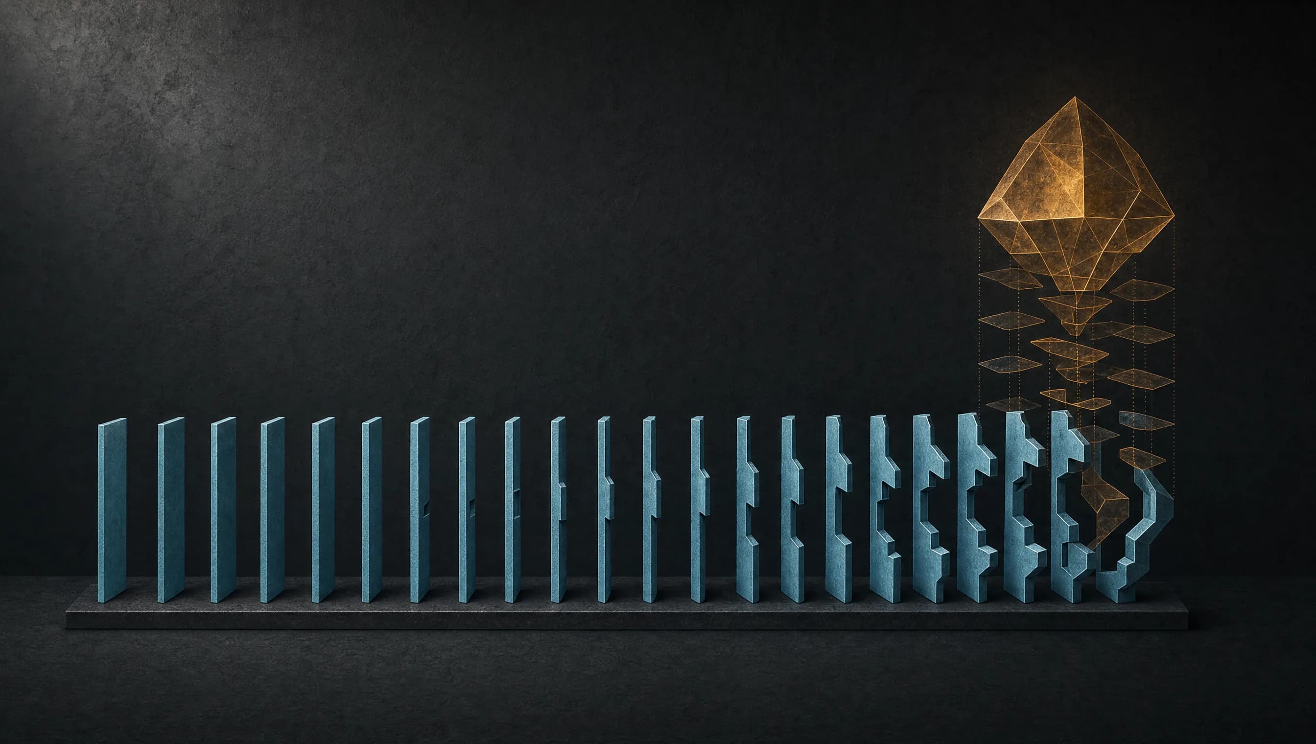 A long row of upright slate-blue plates on a rail, the leftmost plain and each one to its right cut with more notches than the last, with a translucent amber faceted solid hovering above the right-hand end, assembling out of the plates below it