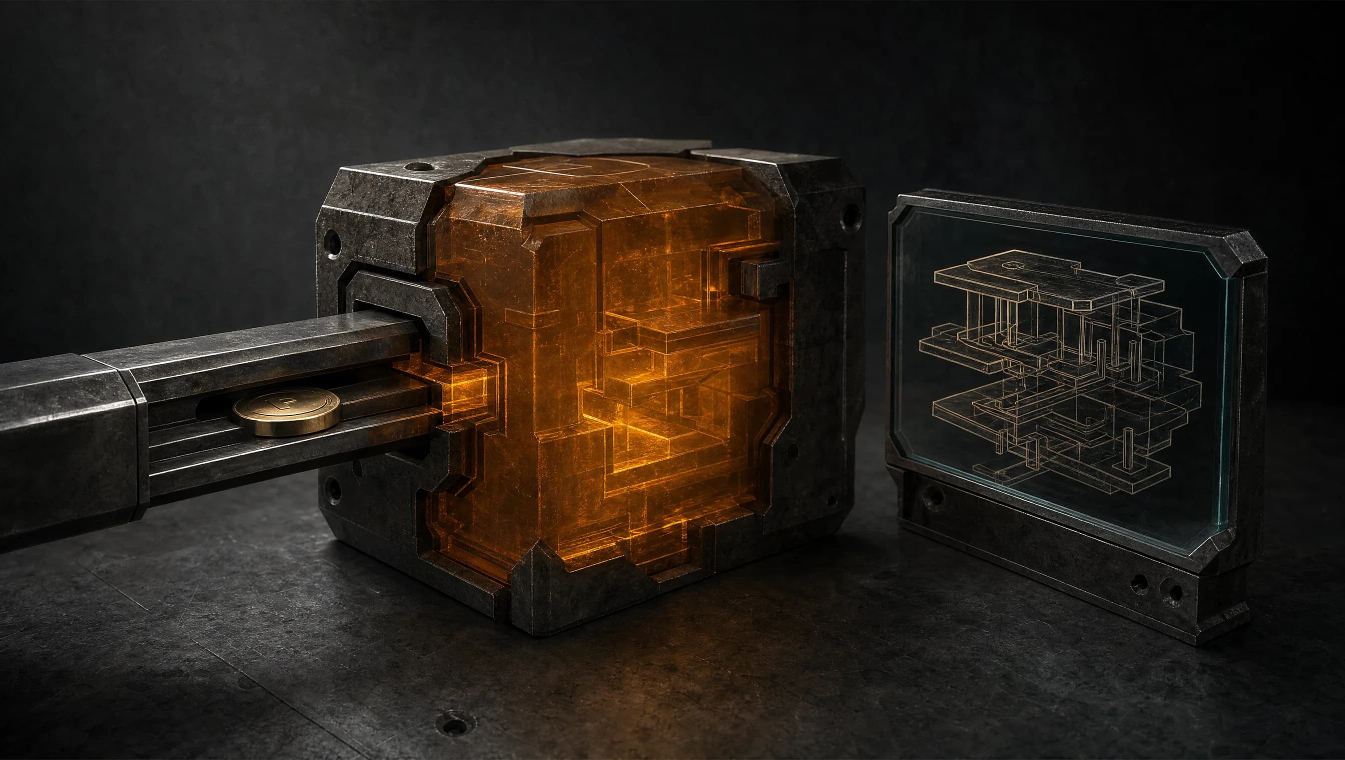 A machined amber core fed by a sealed steel channel, next to a separate glass plate engraved with a flattened schematic of the core's interior