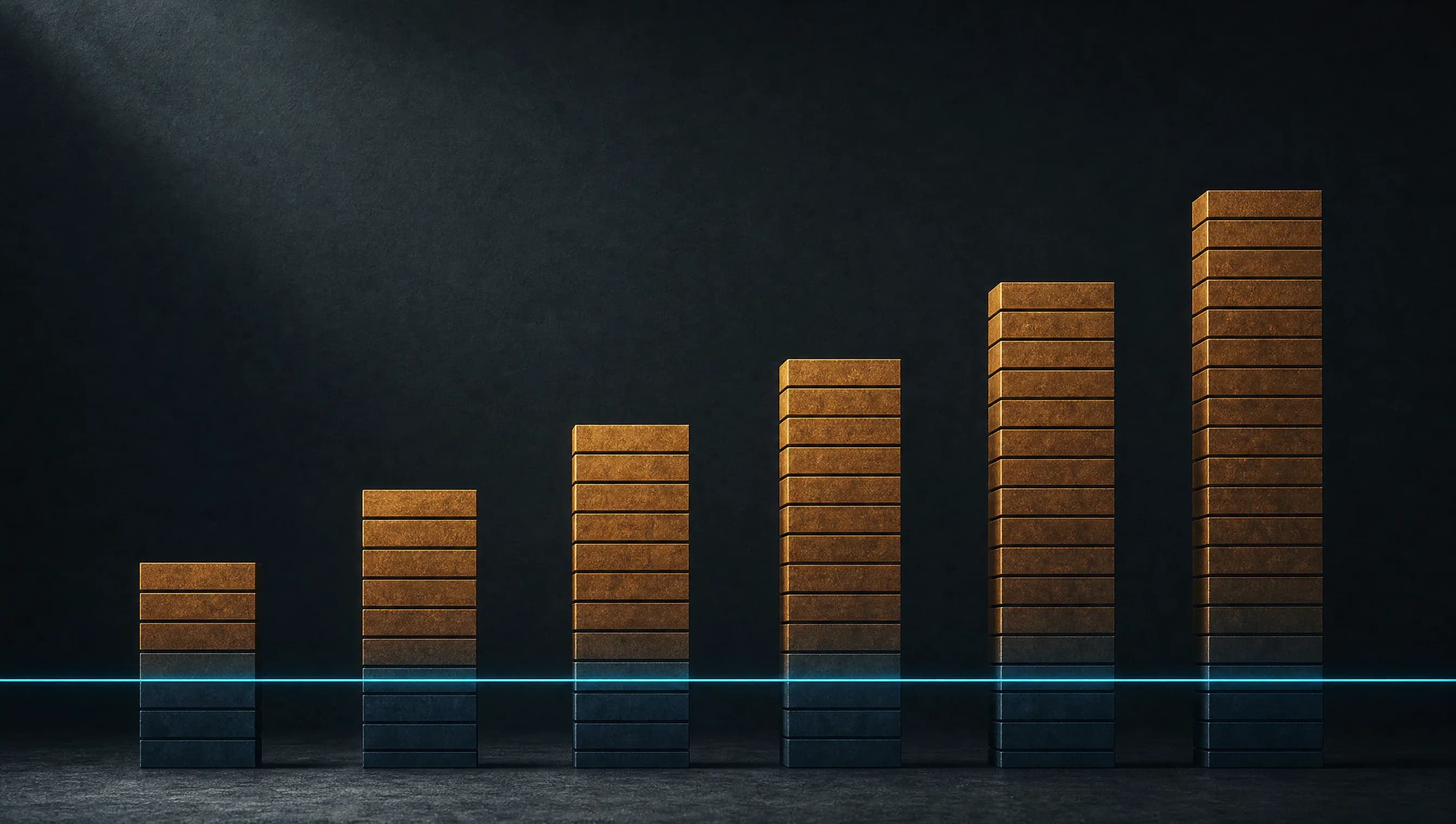 Six vertical charcoal columns of increasing height on a dark ground, each column built from stacked slabs, the lower slabs slate blue and the upper ones amber, with a single thin horizontal cyan line crossing all six at the same level near the bottom