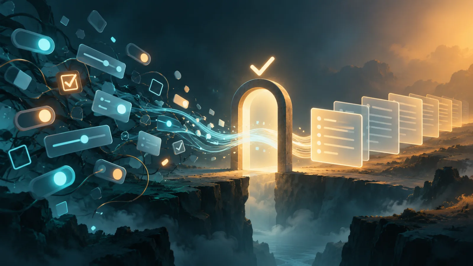Scattered switches and sliders drawn into one stream that passes through a lit, approved gate and leaves as an orderly stack of configuration pages