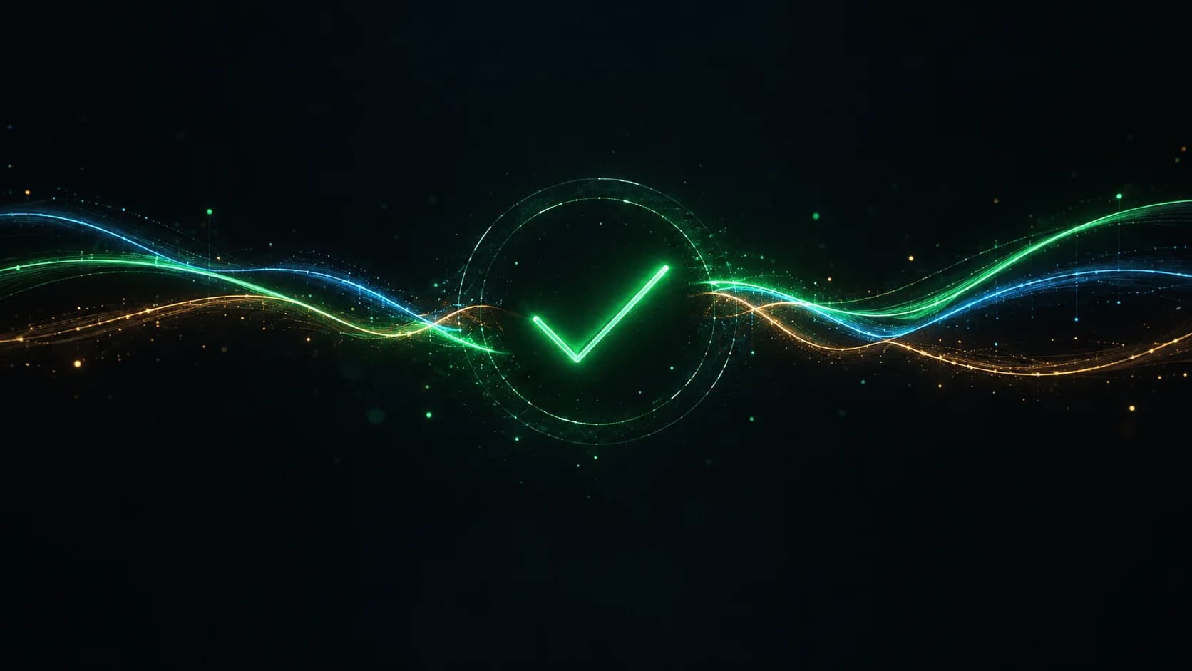 A single glowing green checkmark at rest, the three braided strands from the opening settled and still around it