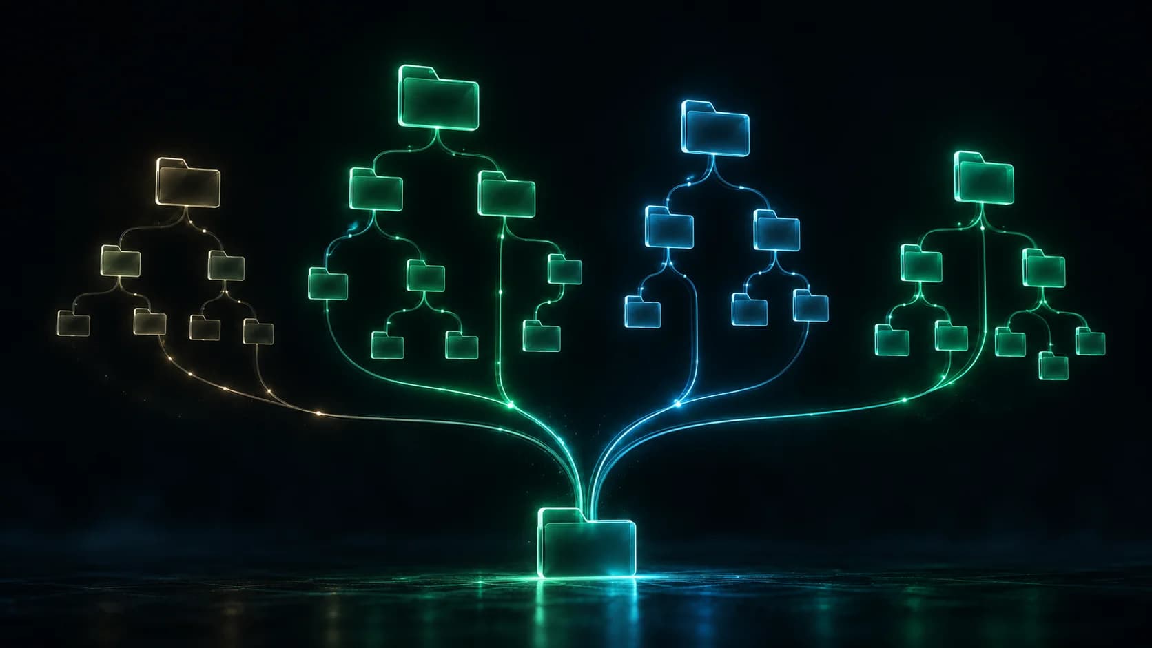 A glowing root folder branching into Projects, Areas, Resources and Archives, each splitting further into nested folders