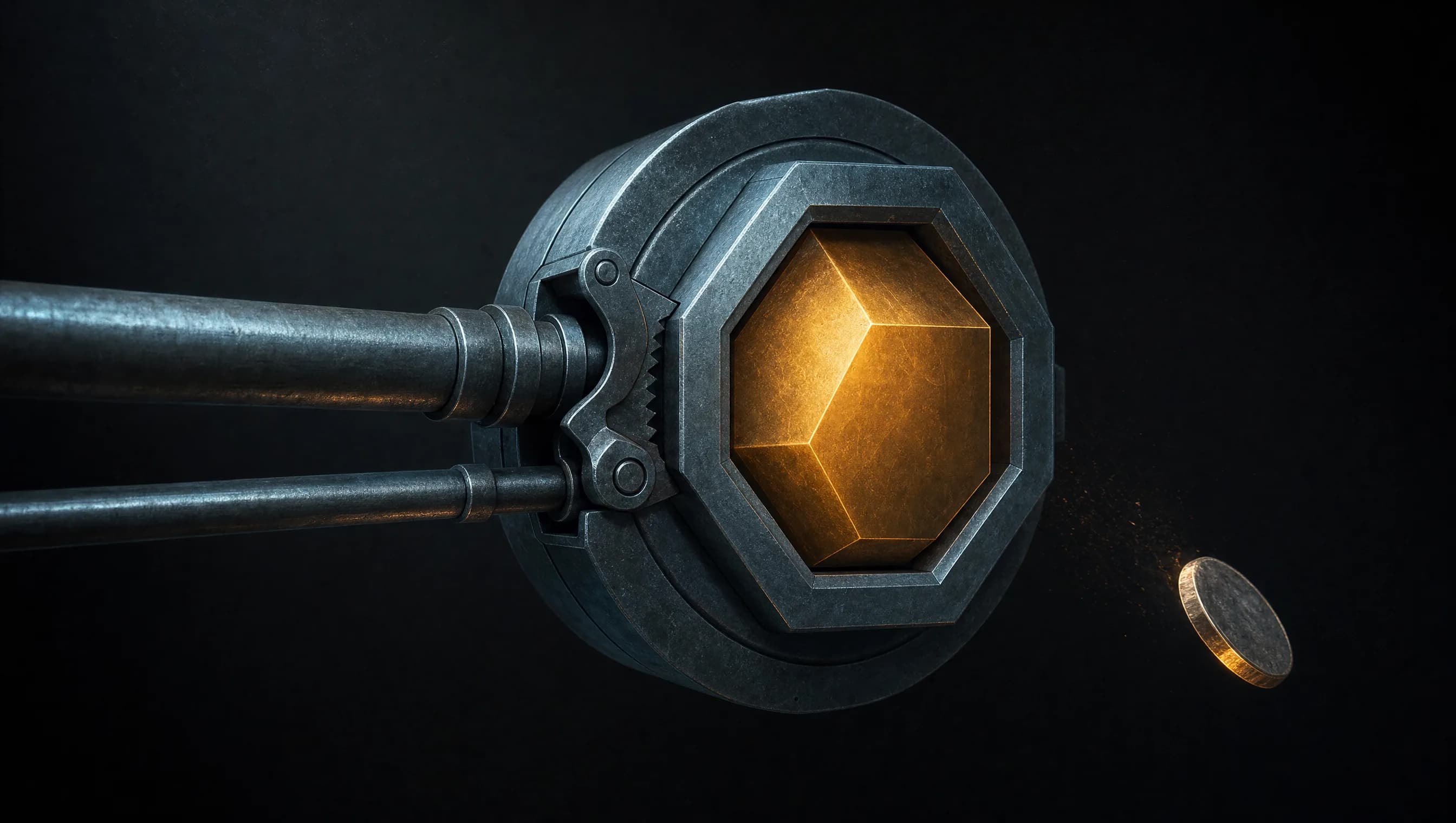 An amber hexagonal core sealed in a machined steel collar with a single ratcheted aperture, two inlet pipes converging on it, one spent token ejected