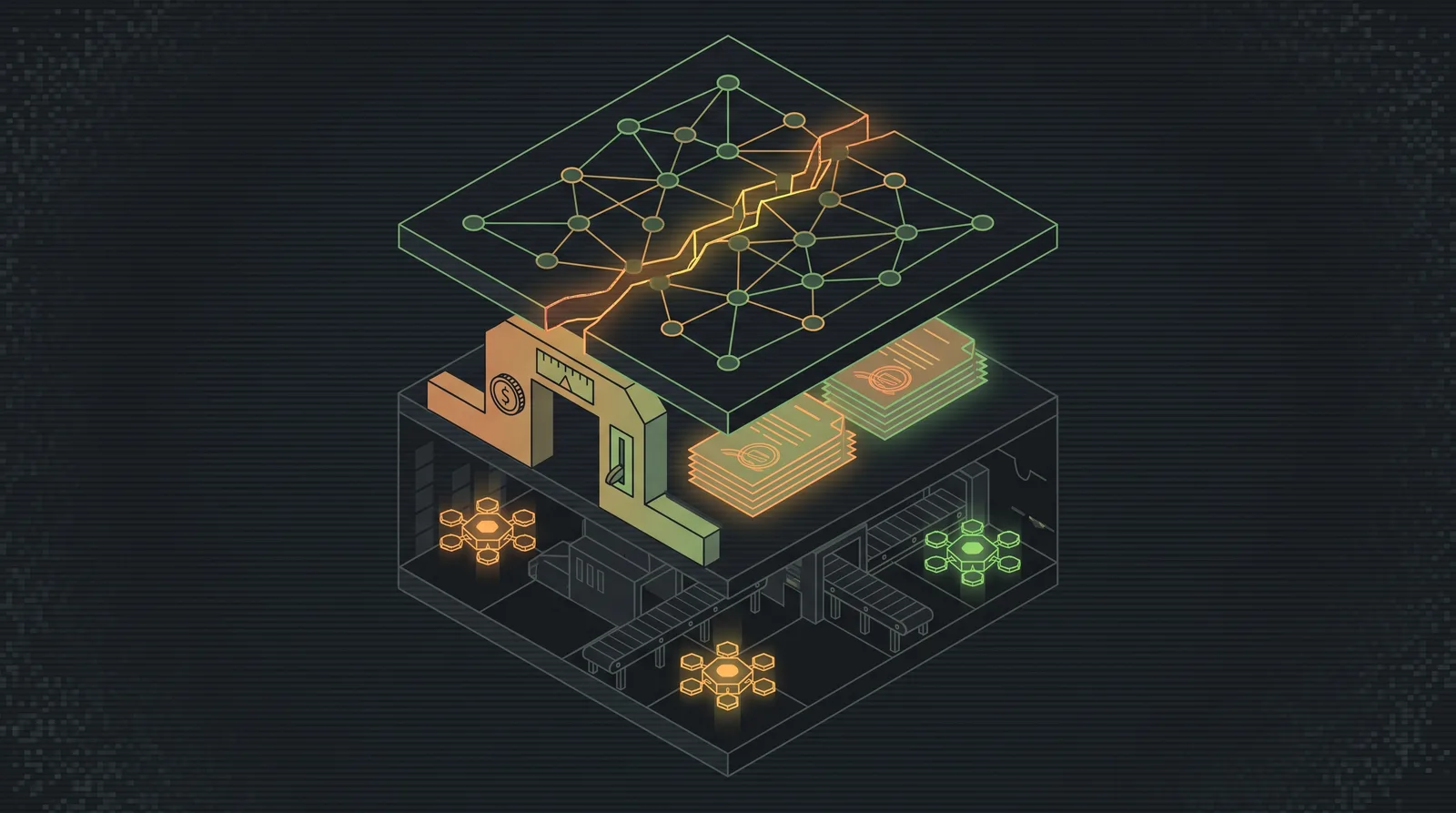 The advanced tier in cutaway: a dependency graph cut along a glowing seam, a policy gate stamping budget receipts, and an autonomous hive on the night shift