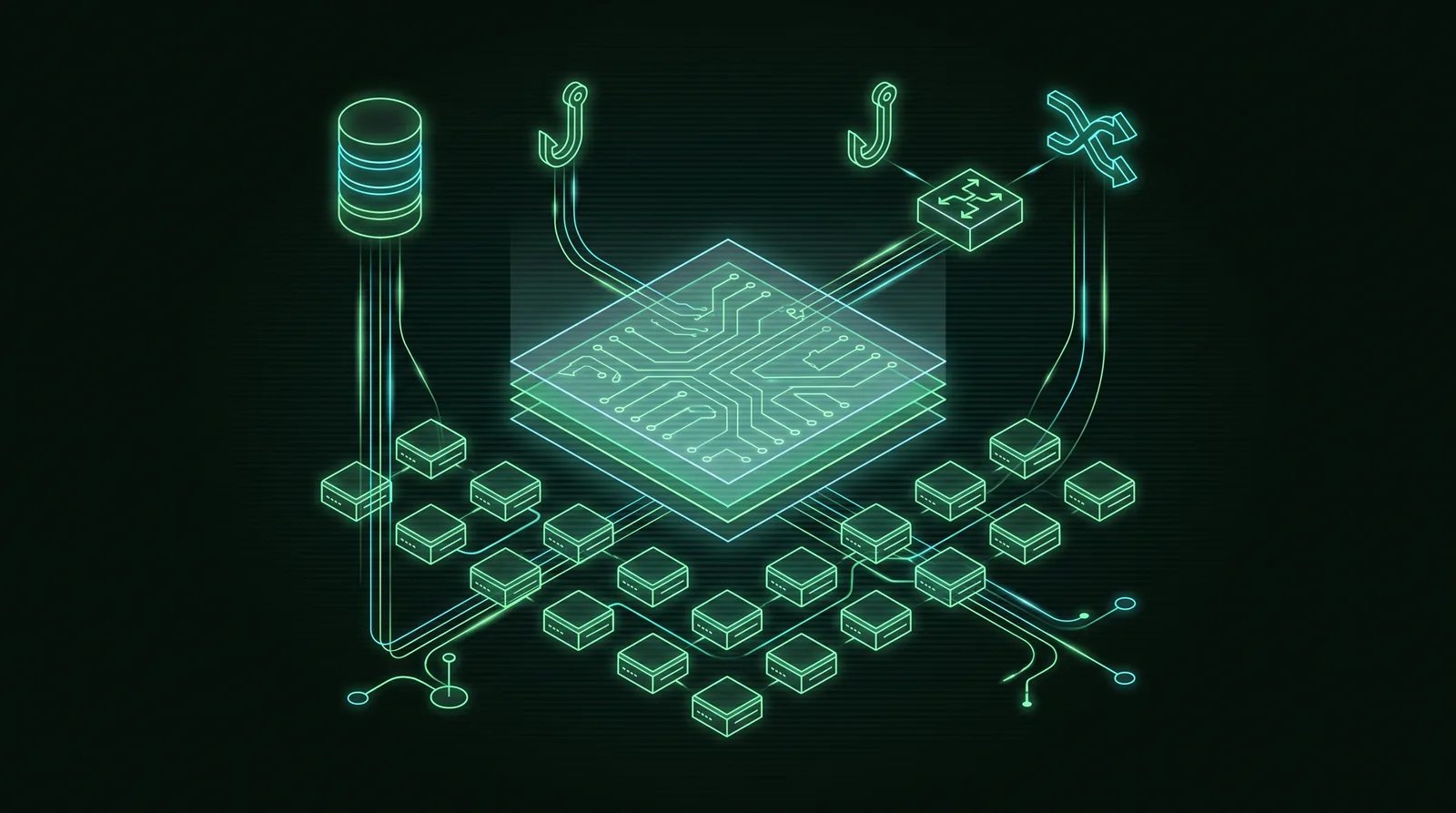 Ruflo as a coordination layer hovering above a grid of worker terminals, with memory, hooks, and routing wired down to executors