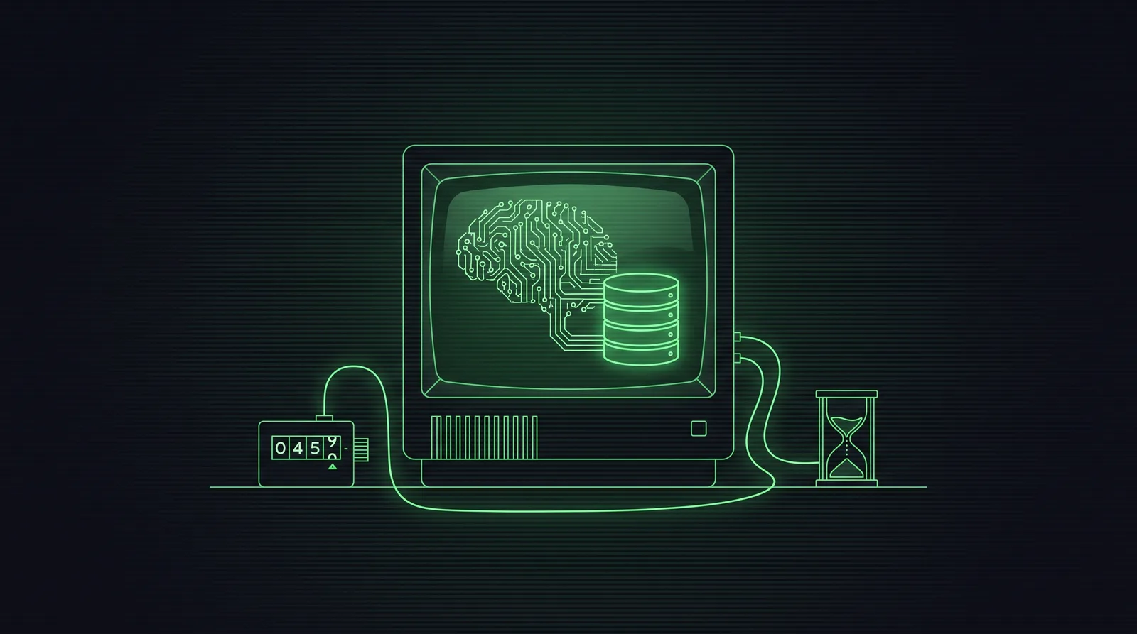 A terminal showing a circuit-trace brain wired to a database, flanked by a ticking mechanical counter and an hourglass